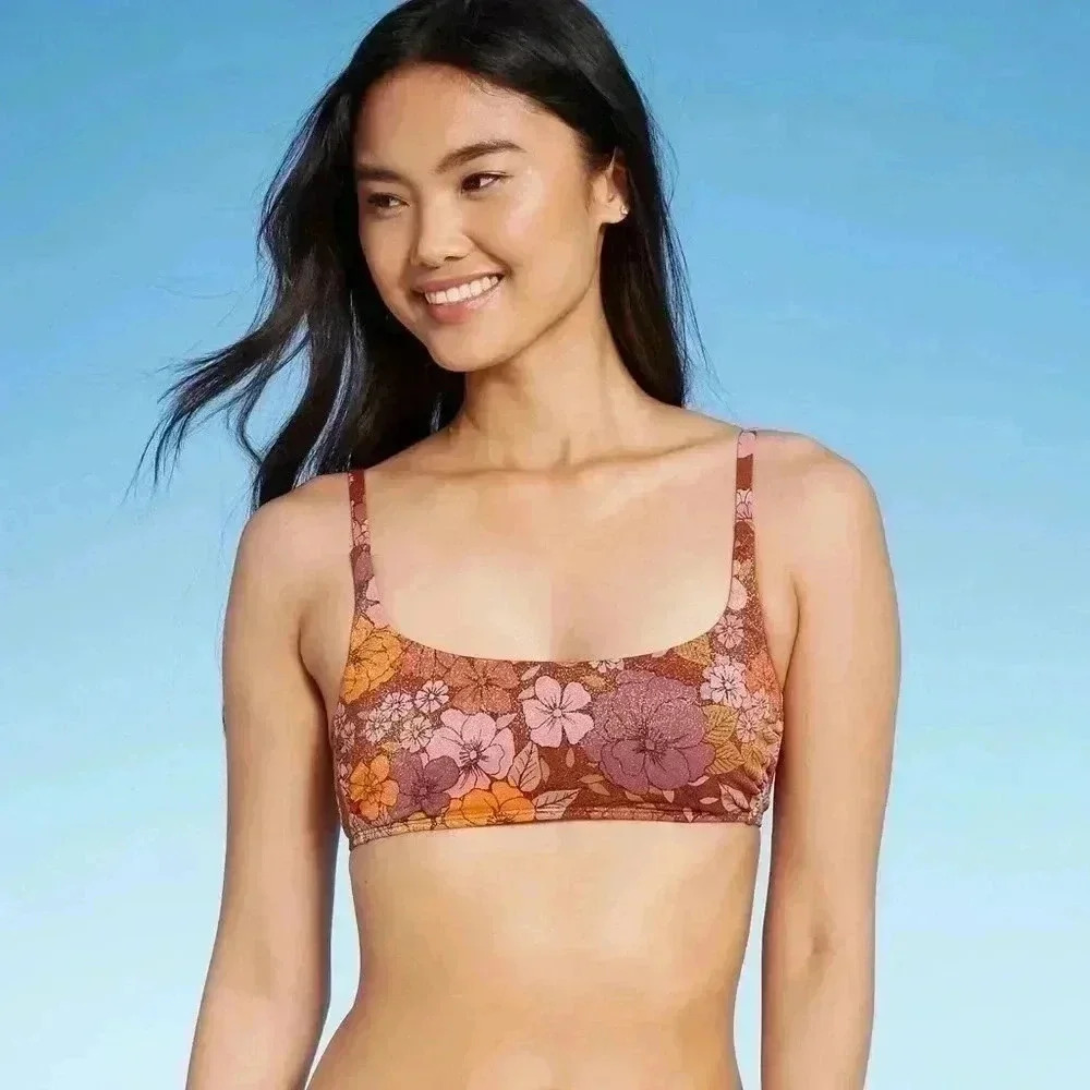 XHILARATION Bikini Top | Retro Floral Rust | Size M